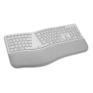 Kensington Pro Fit Ergo Wireless Keyboard in grey, angled view of the split, sloped layout and wrist rest
