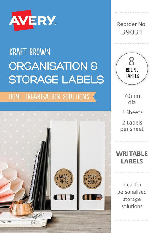 Avery Kraft Brown Round Organisation and Storage Labels 70mm Diameter 8 Pack