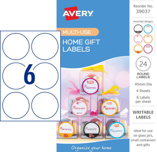 Avery Home Gift Labels Round 45mm Assorted Colours 4 Pack 6UP