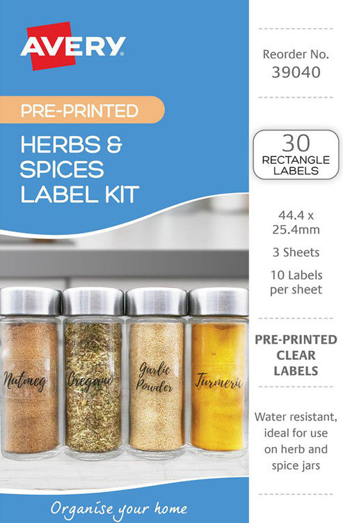 Avery Herb and Spices Label Kit Rectangle 44.4x25.4mm Clear 3 Pack 10UP