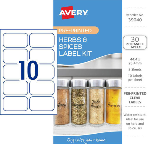 Avery Herb and Spices Label Kit Rectangle 44.4x25.4mm Clear 3 Pack 10UP