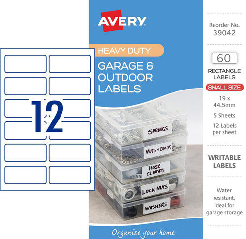 Avery Garage and Outdoor Labels Rectangle 19x44.5mm White 5 Pack 12UP