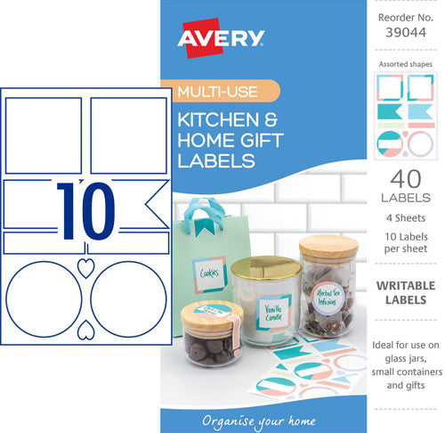Avery Kitchen and Home Gift Labels Multi Shapes 105x148mm Assorted Colours 4 Pack 10UP Design 1