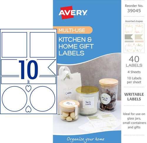 Avery Kitchen and Home Gift Labels Multi Shapes 105x148mm Assorted Colours 4 Pack 10UP Design 2