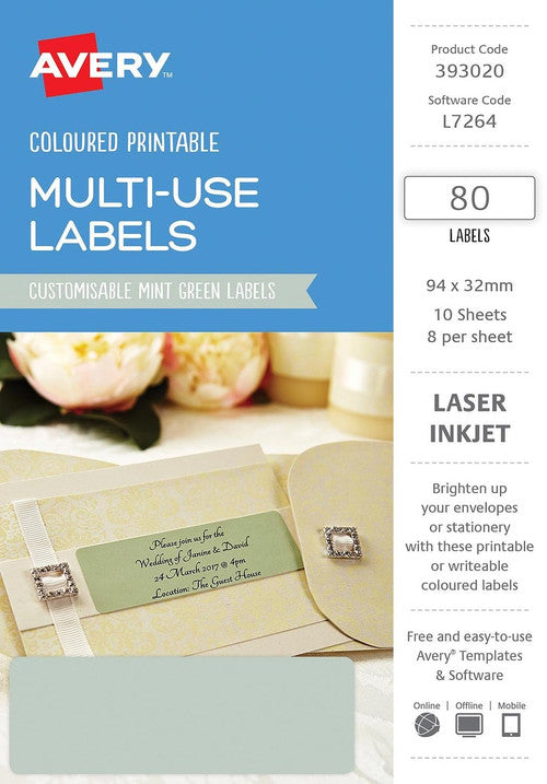 Avery Multi-Use Mint Green Coloured Labels 94 x 32mm Laser Inkjet Permanent 80 Labels 10 Sheets