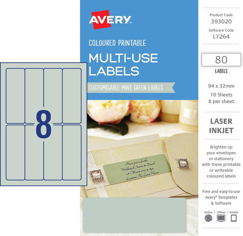 Avery Multi-Use Mint Green Coloured Labels 94 x 32mm Laser Inkjet Permanent 80 Labels 10 Sheets