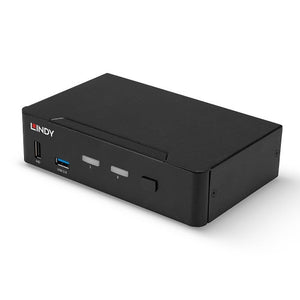 Lindy 2 Port DisplayPort 1.4 USB 3.0 and Audio KVM Switch, angled front view of the black metal unit with USB ports and buttons
