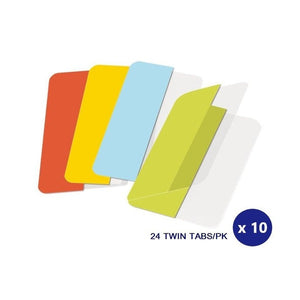 3L twin tabs in red, yellow, blue and green fanned out beside a clear folded twin tab
