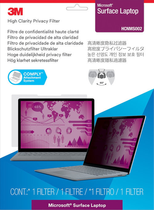 3M High Clarity Privacy Filter packaging and product for Microsoft Surface Laptop