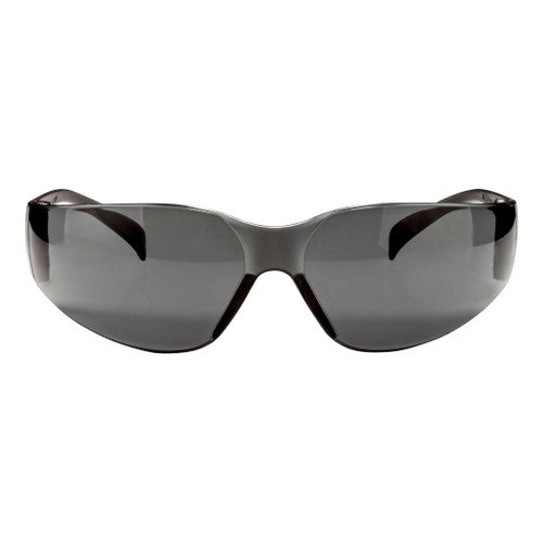 Side angle of 3M grey tinted safety glasses showing temple and lens profile