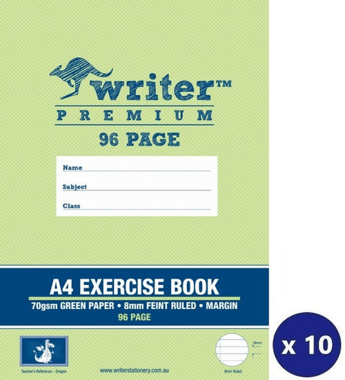 Writer Premium Exercise Book A4 96 Page 8mm Ruled Red Margin Green Dragon Cover Pack 10 — front cover