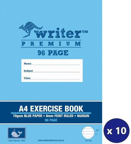 Writer Premium Exercise Book A4 96 Page 8mm Ruled Red Margin Blue Whale Cover Pack 10 — front cover