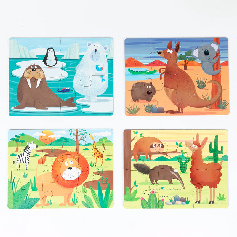 Full set of completed Animals of the World puzzles displayed on a plain background featuring walrus and polar bear, kangaroo and koala, lion and zebra, and llama with anteater scenes.