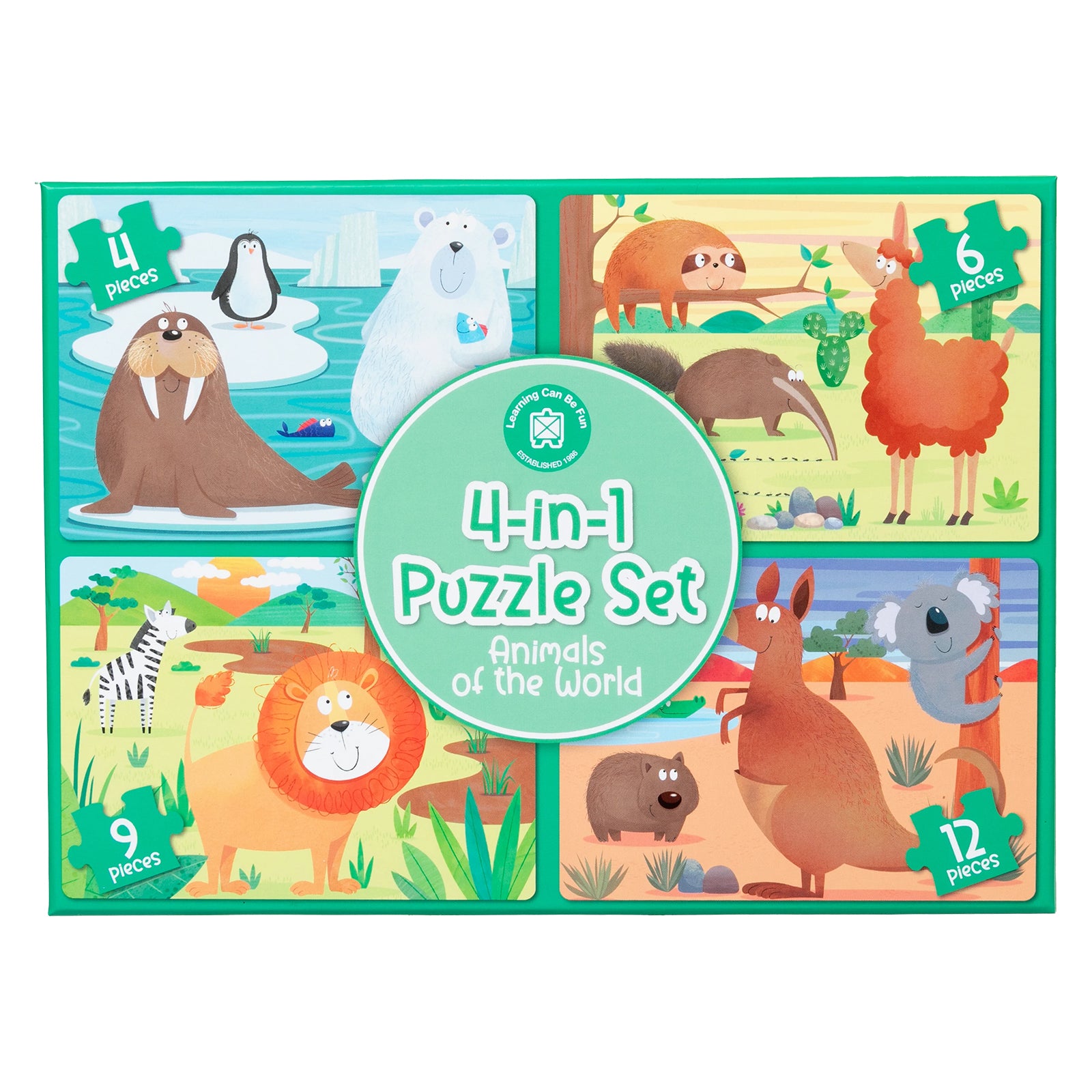 Front packaging artwork highlighting the complete Animals of the World puzzle collection with four different wildlife themed puzzles and educational learning benefits.
