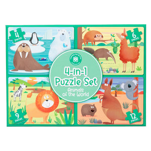 Front packaging artwork highlighting the complete Animals of the World puzzle collection with four different wildlife themed puzzles and educational learning benefits.