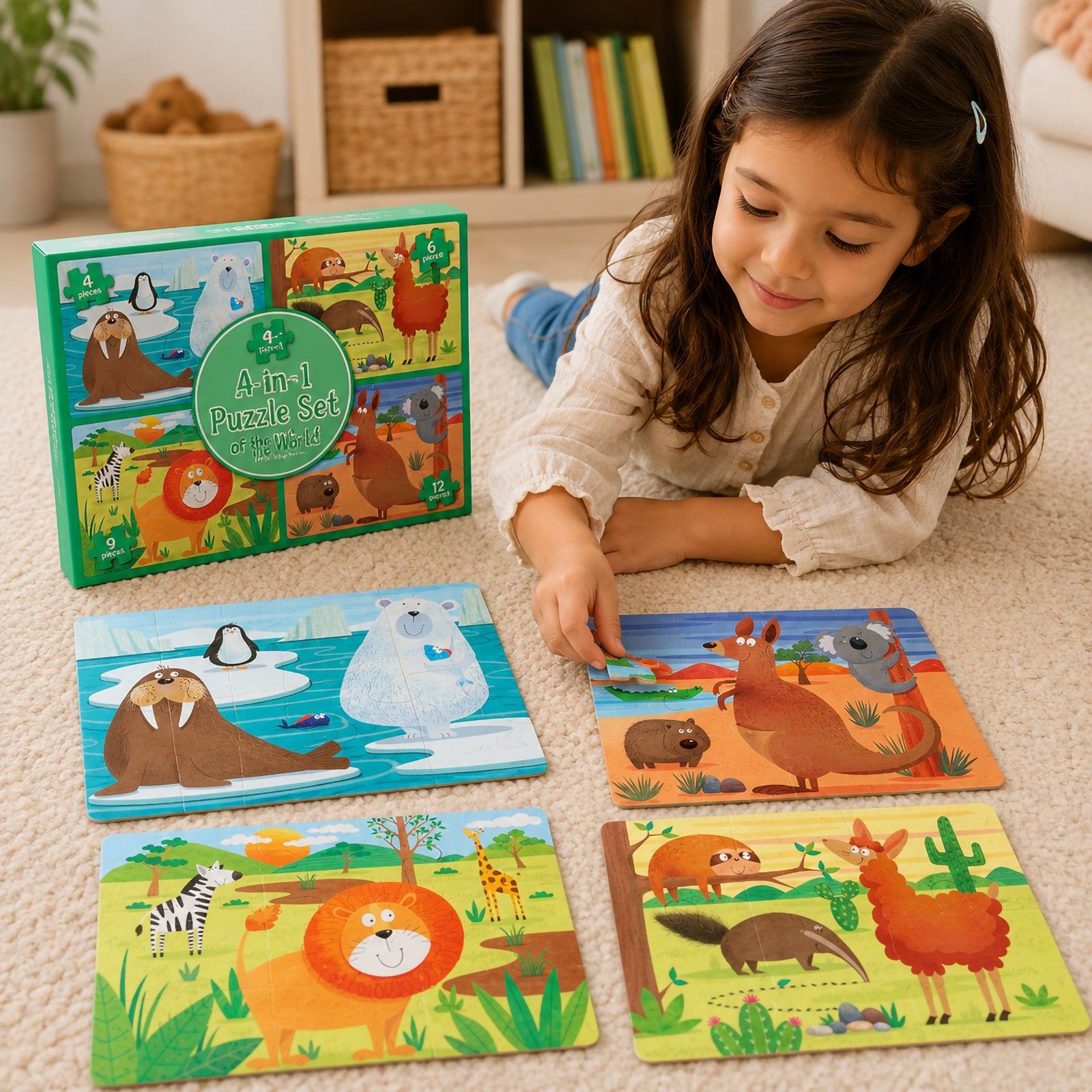 Child enjoying educational puzzle play with all four completed wildlife scenes including polar animals, safari animals and Australian animals arranged neatly on a soft play surface.