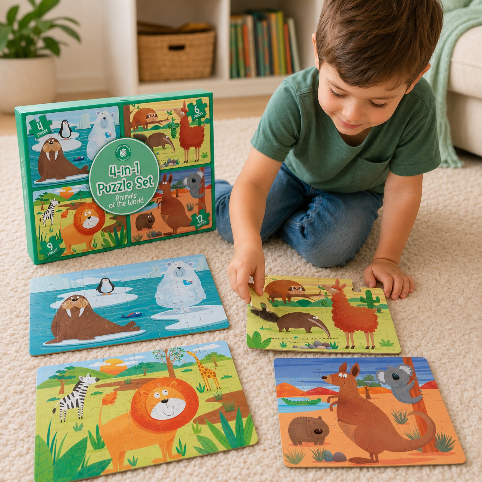 Child assembling one of the animal puzzles while the complete 4 in 1 puzzle set box is displayed nearby, showcasing the progressive learning concept with multiple puzzle difficulty levels.