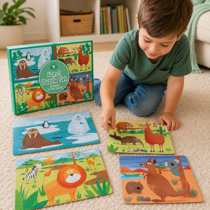 Child assembling one of the animal puzzles while the complete 4 in 1 puzzle set box is displayed nearby, showcasing the progressive learning concept with multiple puzzle difficulty levels.
