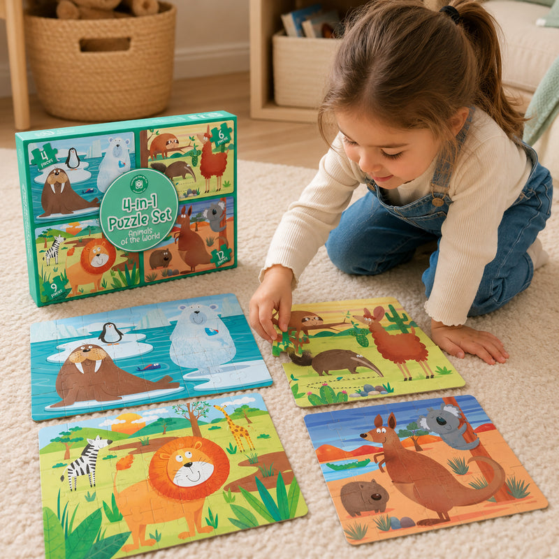 Young child completing the Animals of the World 4 in 1 Puzzle Set on a carpeted floor with four colourful animal puzzles featuring wildlife from different habitats displayed around the learning area.