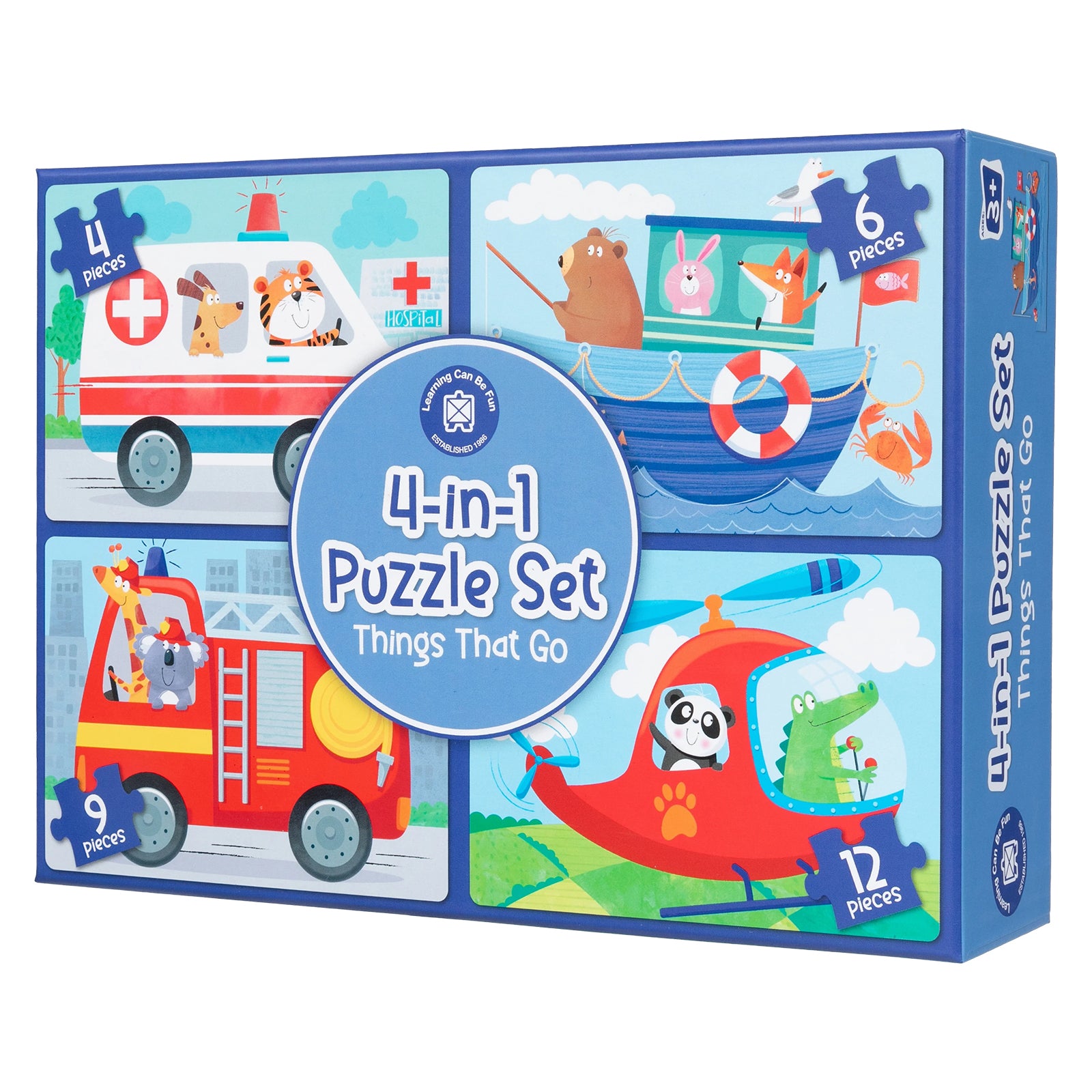 Retail packaging for the Learning Can Be Fun 4 in 1 Things That Go Puzzle Set showcasing colourful transport illustrations and progressive piece counts for educational play.