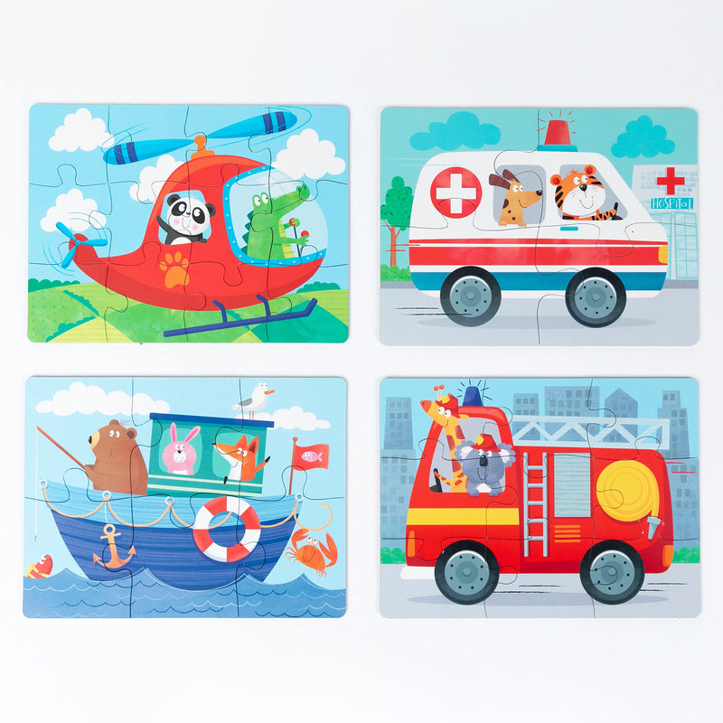 Full set of completed transport puzzles displayed on a plain background featuring a red helicopter, emergency ambulance, fishing boat and fire truck illustrated with playful animal passengers.