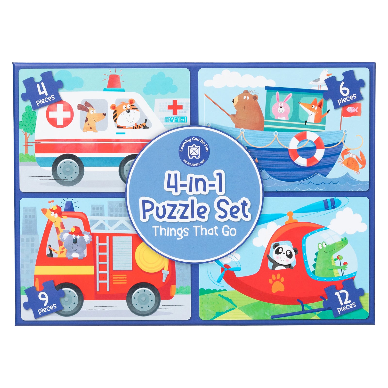 Front packaging artwork highlighting all four vehicle themed puzzles including helicopter, ambulance, boat and fire truck scenes designed for early childhood learning and development.