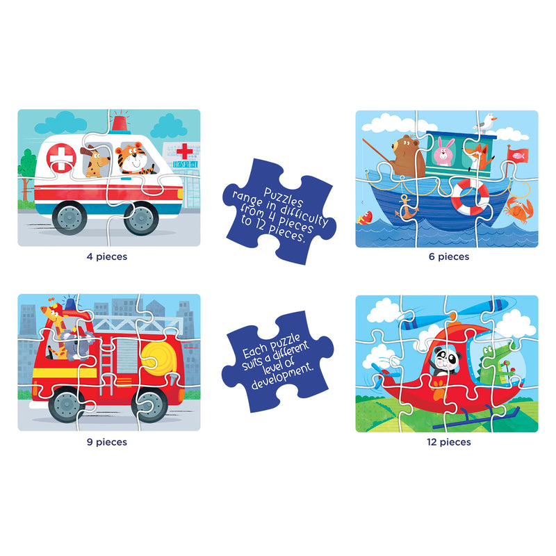 Educational graphic showing the four puzzle difficulty levels ranging from 4, 6, 9 and 12 pieces, designed to support different stages of child development and puzzle solving ability.
