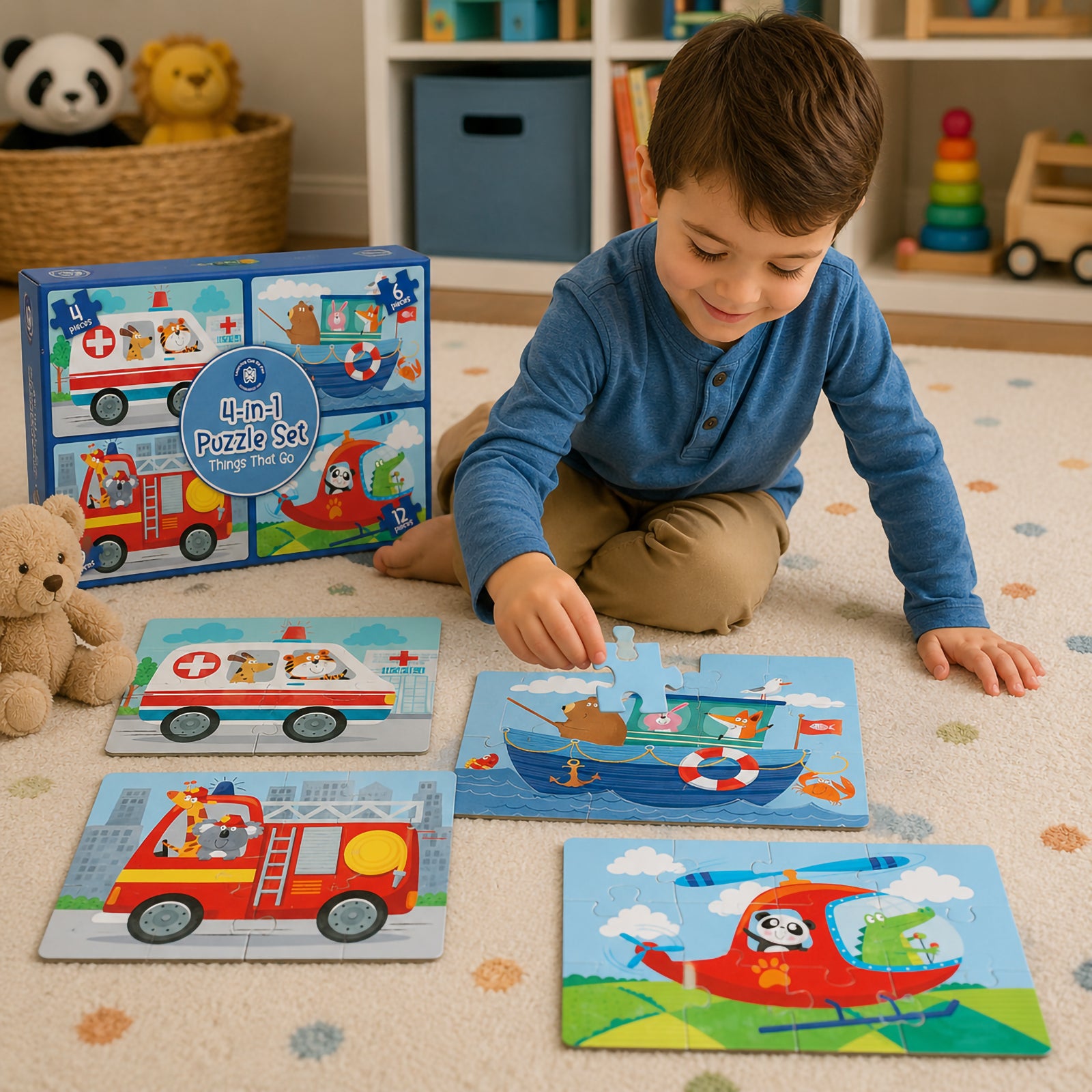 Young learner placing a puzzle piece into a boat scene while the complete Things That Go puzzle collection is displayed nearby, demonstrating progressive learning through vehicle themed challenges.
