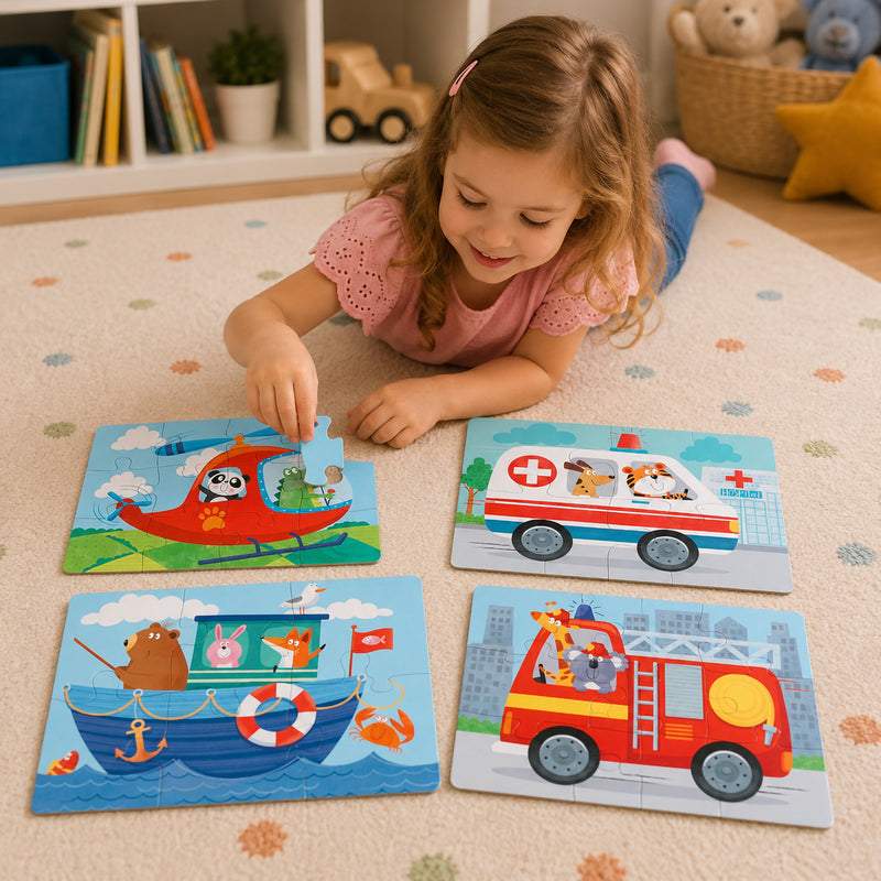 Child enjoying floor play while completing one of the transport puzzles from the set, with four completed vehicle scenes arranged on a soft play mat in a bright learning environment.