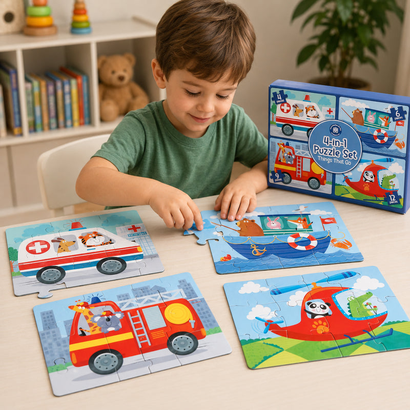 Young child assembling the Things That Go 4 in 1 Puzzle Set at a table featuring colourful transport themed puzzles including an ambulance, boat, fire truck and helicopter with friendly animal characters.