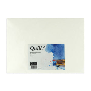 Quill Watercolour Paper Rough 300gsm A4, a white sheet lying flat with the blue and white Quill header card along its lower edge