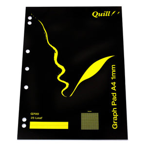 Quill A4 graph pad 1mm with black cover, yellow quill design, punched holes on the left, Q700 25 Leaf and a 1mm grid sample printed on the cover