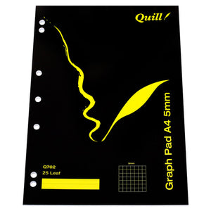 Quill A4 graph pad 5mm with black cover, yellow quill design, punched holes on the left, Q702 25 Leaf and a 5mm grid sample printed on the cover