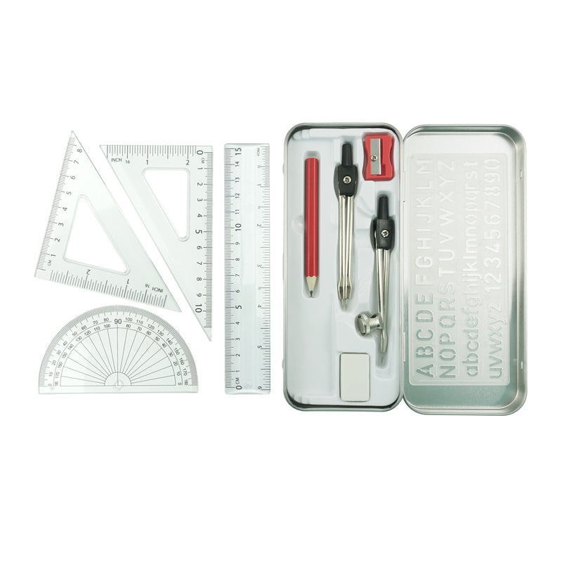 Linex maths set tin open with compass, divider, set squares, protractor, ruler, pencil, eraser and sharpener