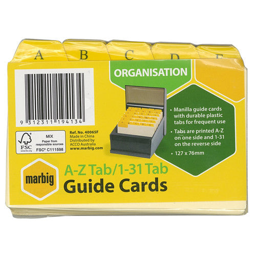 Marbig Guide Card A to Z and 1 to 31 Tab Manilla 5x3 Buff