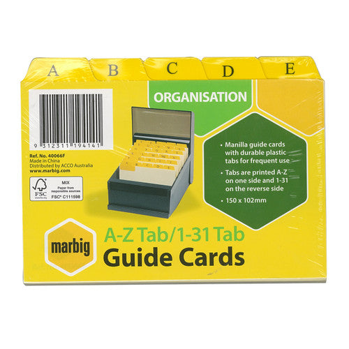 Marbig Guide Card A to Z and 1 to 31 Tab Manilla 6x4 Buff