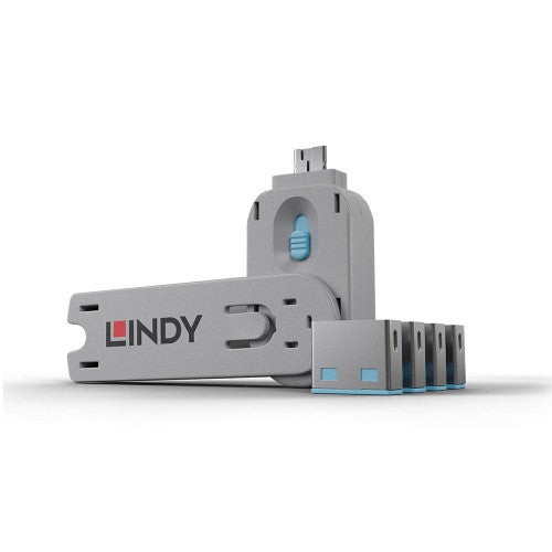 Lindy USB Type A Port Blocker 4 Pack + Key Blue