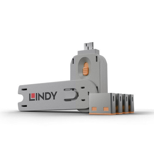 Lindy USB Type A Port Blocker 4 Pack + Key Orange