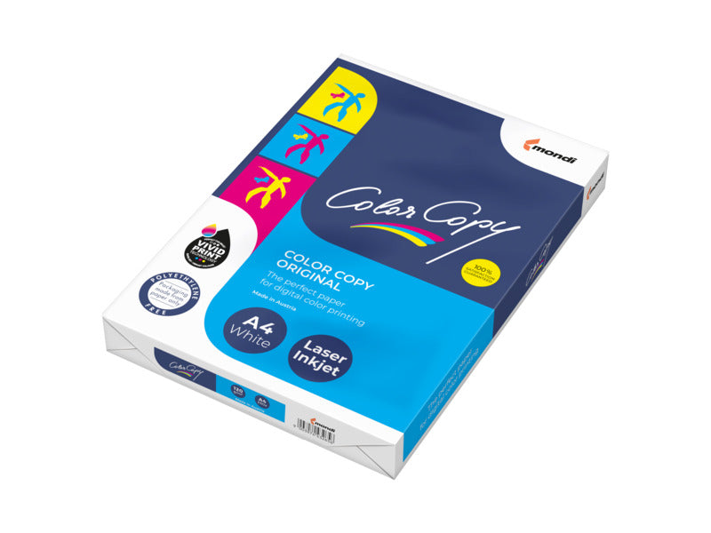Mondi Color Copy Original A4 120gsm ream lying at an angle, current blue wrapper marked A4 White and Laser Inkjet with Made in Austria under the product name and the Color Copy logo