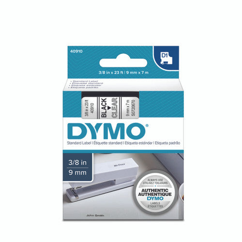 Dymo D1 label tape 9mm x 7m black on clear transparent mid-width tape for equipment and container labelling