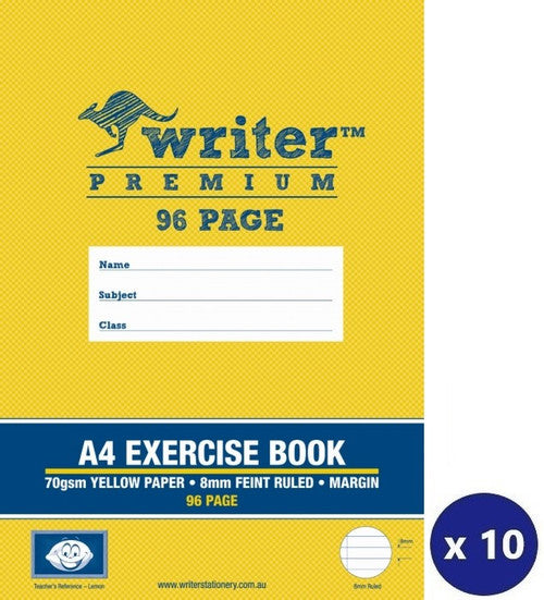 Writer Premium Exercise Book A4 96 Page 8mm Ruled Red Margin Lemon Yellow Cover Pack 10 — front cover