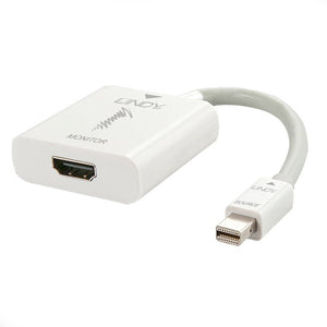 Lindy Mini DisplayPort 1.2 to HDMI 2.0 18G Active Converter in white, with the HDMI socket on the housing and the Mini DisplayPort plug on a short lead