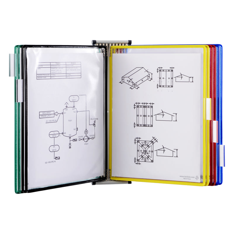 Tarifold 414109 wall unit from the front, black and yellow A4 pockets open showing technical drawings, green, red and blue pockets behind on a grey wall bracket