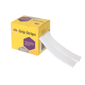 Marbig Grip Strips hook and loop 20mm x 1.8m in a yellow dispenser box with purple panels, both white strips feeding out of the side of the box