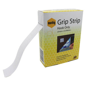 Marbig Grip Strip hook only 25mm x 3.6 metres in its dispenser box, printed with a yellow honeycomb panel, a white hook strip pulled out through the slot