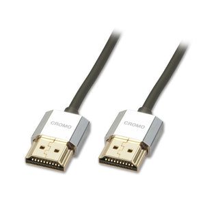 Lindy 2m Slim High Speed HDMI Cable Cromo Line, two chrome HDMI plugs with gold contacts on thin black cable