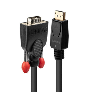 Lindy 2m DisplayPort to VGA Adapter Cable, upright black VGA connector with red thumb screws beside the DisplayPort plug marked Source