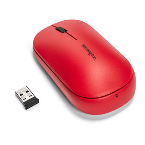 Kensington SureTrack Dual Wireless Mouse in red shown with its USB-A nano receiver