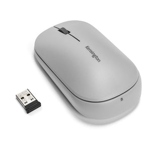 Kensington SureTrack Dual Wireless Mouse in grey shown with its USB-A nano receiver
