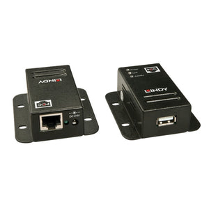 Lindy 50m Cat6 USB 2.0 Extender with Power Over Cat6, two black units with mounting flanges showing the RJ45 and DC socket on one and USB A port on the other